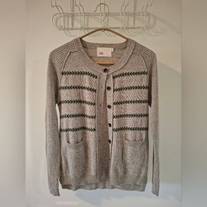Yoon Women's Gray Wool/Cashmere Cardigan with Green Leaf/Stripe Accent (Size S)